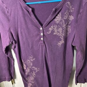 Purple Long Sleeve Henley Top with Floral Design